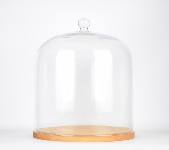 Large Handmade Display Glass Cake Cupcake Dome Cover Cloche with Natural Wooden Base 36.5 cm